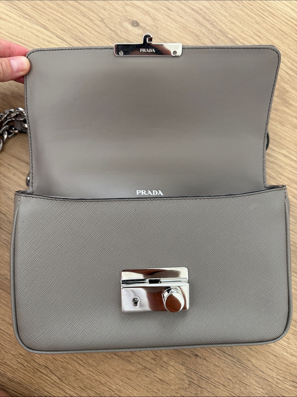 Prada Saffiano Leather Chain Shoulder Bag in Taupe Gray - Picture 3 of 8